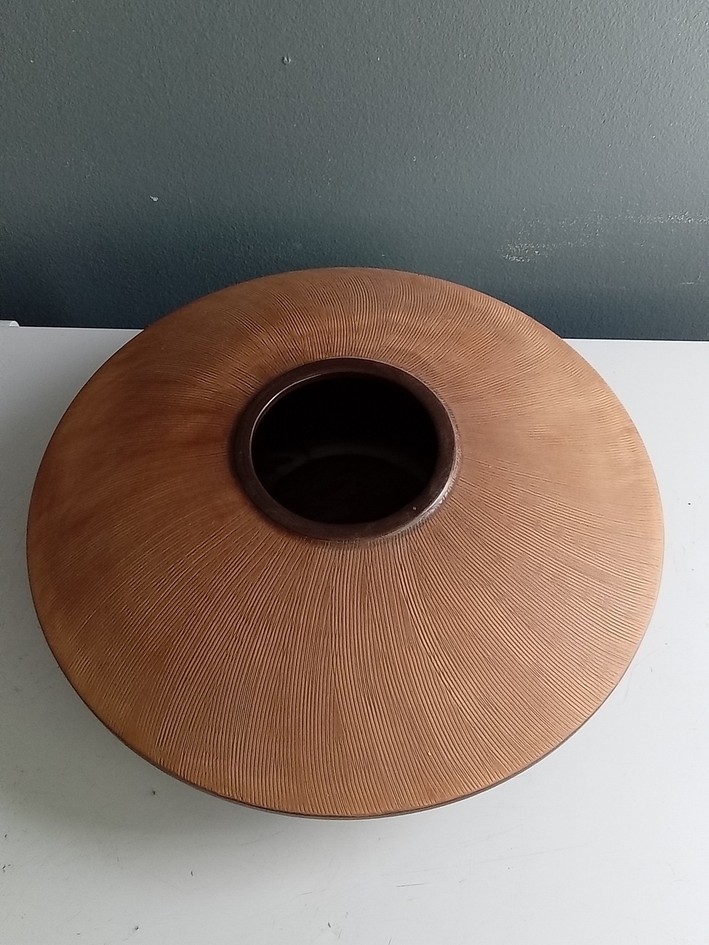 Vintage Studio Pottery Ikebana Vase Textured Terracotta UFO Sunburst Centerpiece